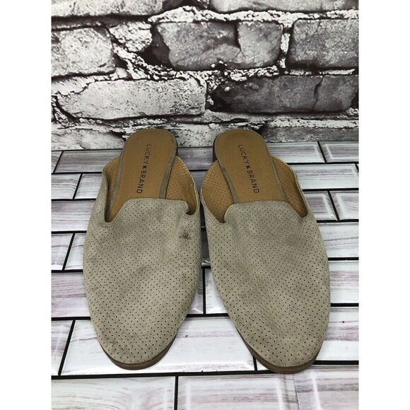 Lucky Brand Coryna Taupe Suede Leather Slip On Mules Flats Women Sz 7M US/37.5EU - Picture 2 of 16
